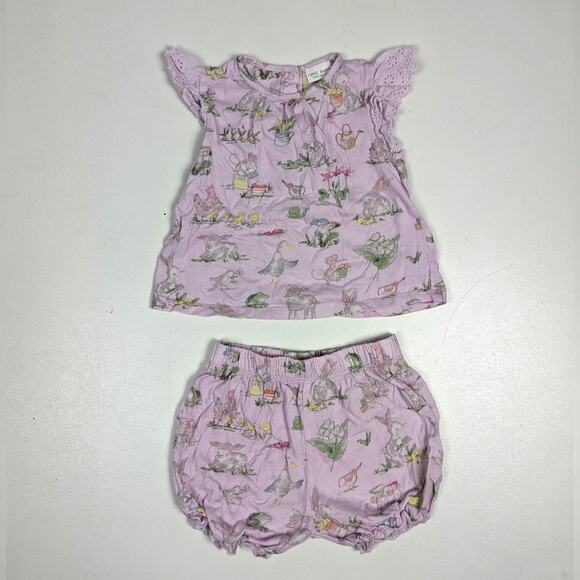 Next Baby Uk Shorts Outfit Girls Sz 9-12m Purple Garden Cute - Picture 1 of 6